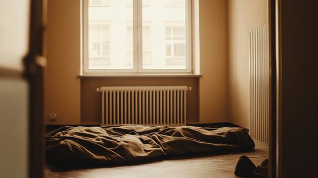 barrack. Empty military barrack bed with a neatly made uniform, sparse room in melancholic morning light. wellbeing guides.