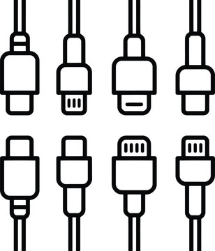 USB Cable Types and Charger Connector Outline Icon Set 