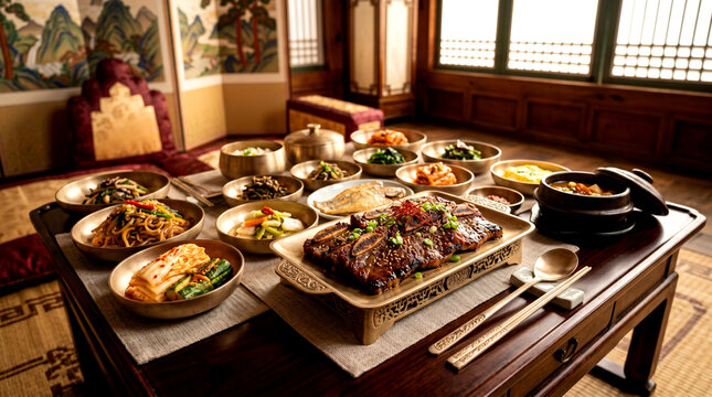 Traditional Korean Galbi Set Meal on an Elegant Dining Table