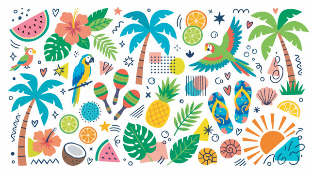 A vibrant collection of tropical summer elements including palm trees, parrots, fruits, flowers, and beach items on a white background.