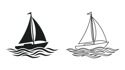 Sailing boat silhouette on waves black and white graphic © EMON