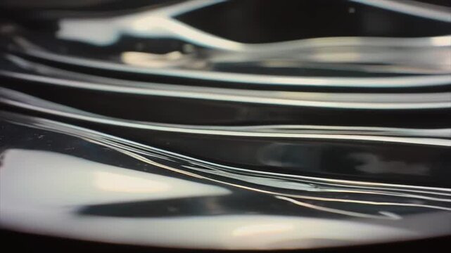 Liquid metal surface forming smooth reflective waves, abstract chrome texture flowing in slow motion, glossy fluid pattern with high contrast and mirror-like highlights