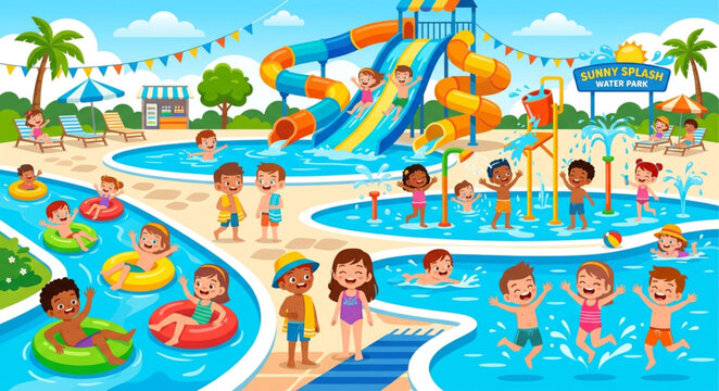 Water Park, Summer Fun, Kids Swimming, Pool and Slide Illustration