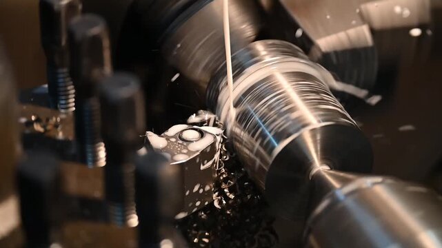 Slow motion video of a precision finishing cut on a metal shaft using a lathe machine with liquid coolant.
