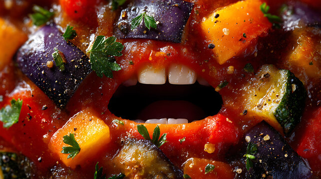 Open mouth made from colorful Mediterranean vegetables and tomato sauce in creative food art close up