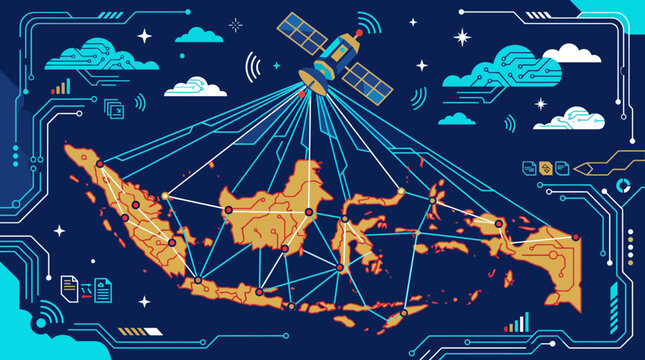 Futuristic Satellite Network and Digital Indonesia Map Connection Cyber Technology Vector Illustration