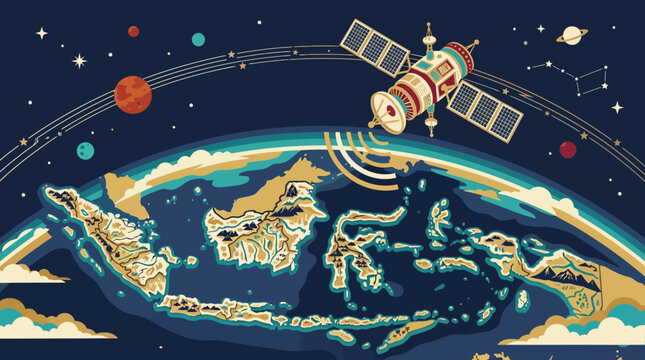 Satellite Orbiting Earth and Beaming Signal to Indonesia Map Paper Cut Vector Illustration