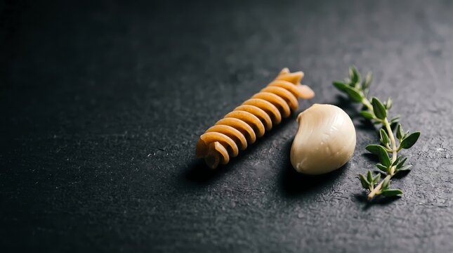 Whole grain fusilli pasta and a single clove of garlic arranged artfully with fresh green herb sprigs on a textured dark surface presenting simple ingredients for culinary inspiration and food
