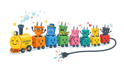 Playful electric train with cheerful power plug characters © mila