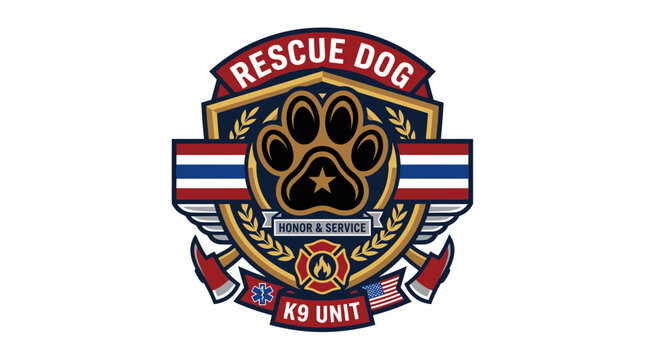 Rescue dog k9 unit service emblem with paw print and flags