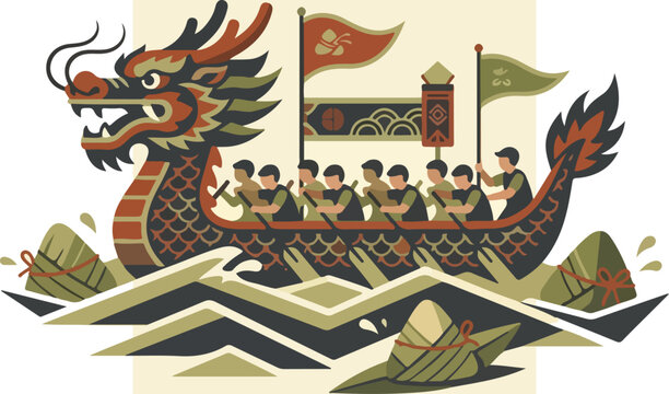 Dragon boat with rowers racing fast.