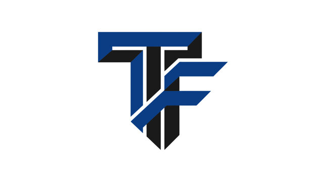 Modern geometric monogram of letters t and f in blue and black