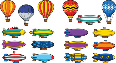  Hot Air Balloons and Airships Set – Colorful Cartoon Zeppelins and Dirigibles Vector Illustration © Manna