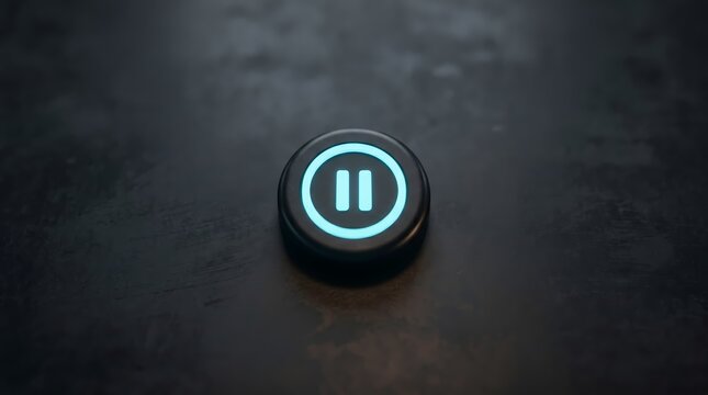 Illuminated circular control with a glowing pause symbol signifying temporary cessation of activity or media playback on a textured dark surface representing control and user interface elements