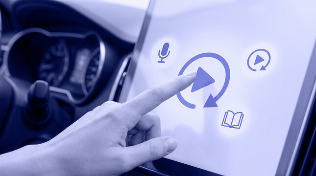 Close up view of a hand touching a modern car dashboard infotainment display screen with interactive multimedia icons