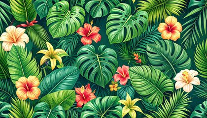 Fototapeta premium Modern tropical pattern with monstera leaves, palms, banana foliage, exotic flowers, seamless vector artwork