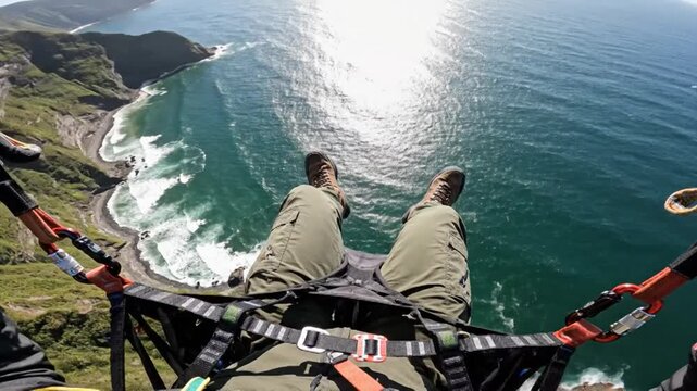 Person paragliding over a scenic coastline with stunning ocean views, experiencing aerial adventure.