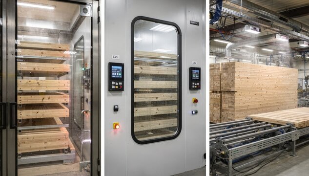 Medium shot of a smart moisturecontrolled curing bay meticulously regulating humidity levels around glulam beams to ensure optimal drying and bonding quality. Medium shot of an