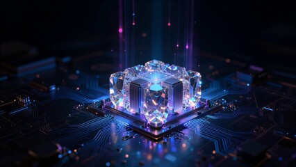 Fototapeta na wymiar Futuristic crystal processor glows on circuit board with vibrant neon lights.