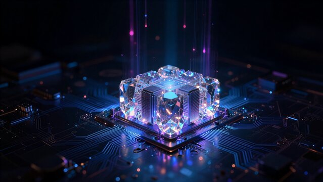 Futuristic crystal processor glows on circuit board with vibrant neon lights.