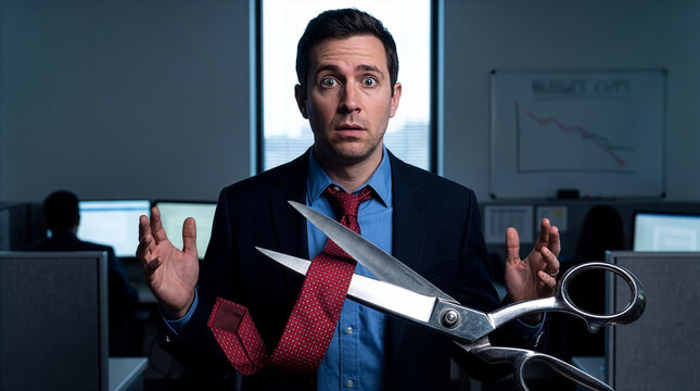 Shocked businessman having his tie cut with giant scissors in office, representing budget cuts and layoffs