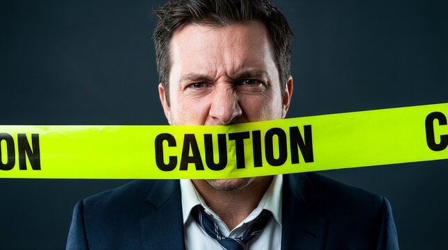 Angry businessman with yellow caution tape covering his mouth symbolizing censorship and silenced voice