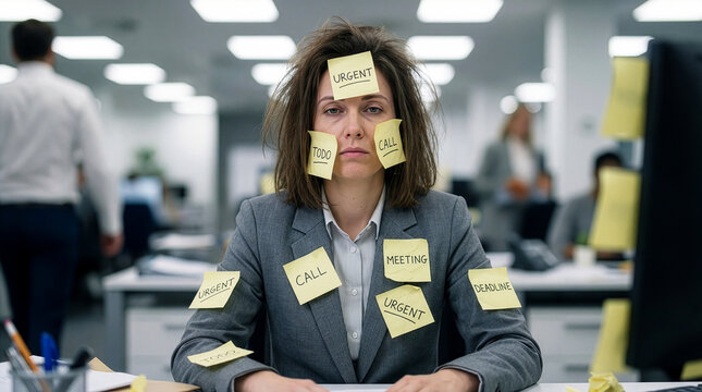 Stressed businesswoman covered in sticky notes looking exhausted at her office desk