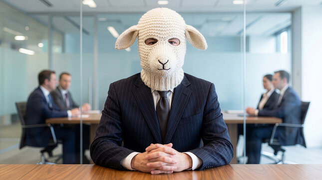 Businessman wearing knitted sheep mask in corporate boardroom symbolizing deception and hidden identity