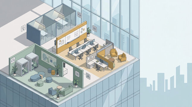 An isometric view of a modern office space, showcasing collaborative work areas, private meeting rooms, and relaxation zones within a sleek high-rise building.