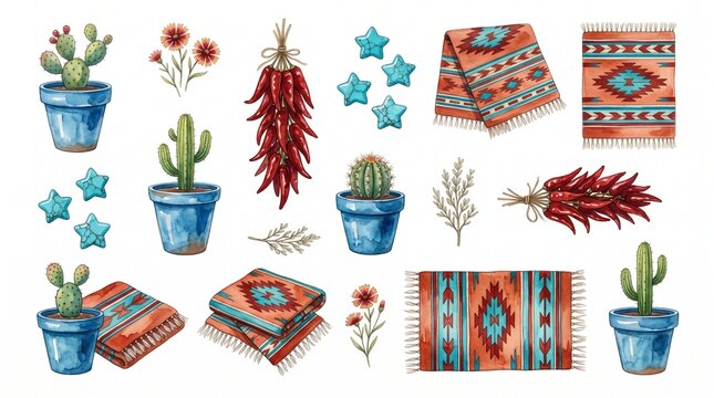 Southwestern desert watercolor illustration set, vibrant Mexican chili peppers, potted cacti, and patterned woven rugs, a rustic collection for cultural designs.