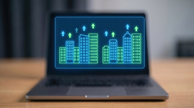 Real Estate Data Analytics, Property Investment Trends, and Smart Housing Concept: Floating Blue and Neon Green Holographic Interface with Residential Tower Cluster Charts and Upward Growth Arrows abo