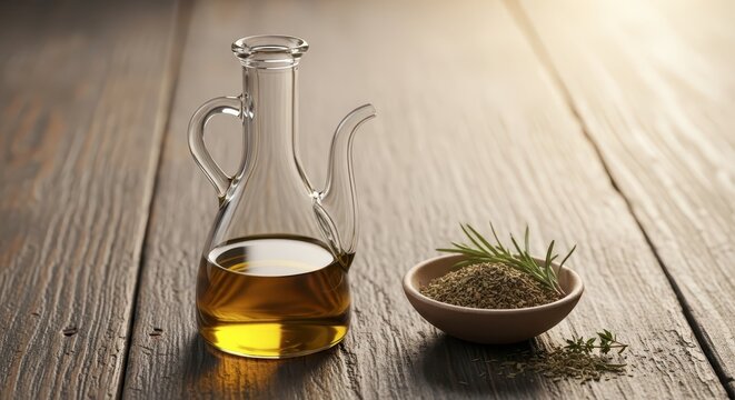 Glass oil decanter and herb bowl.