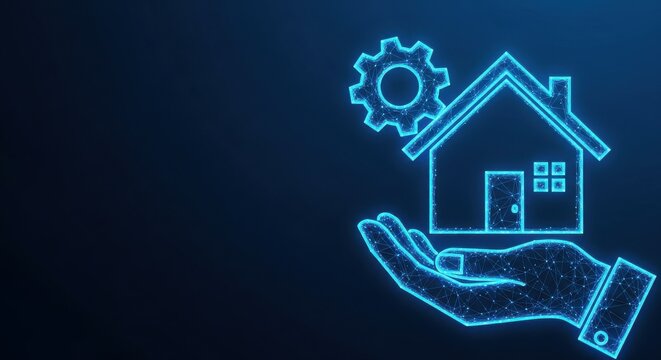 Digital Hand Holding House Icon With Technology Gear, Representing Smart Home Automation and Security Concepts