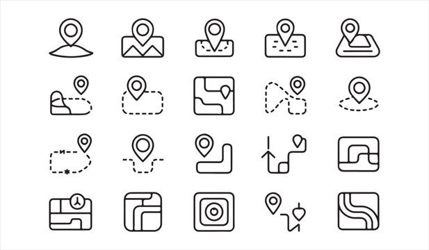 GPS Location Symbols Pack with Route Compass Waypoint and Travel Outline Illustrations