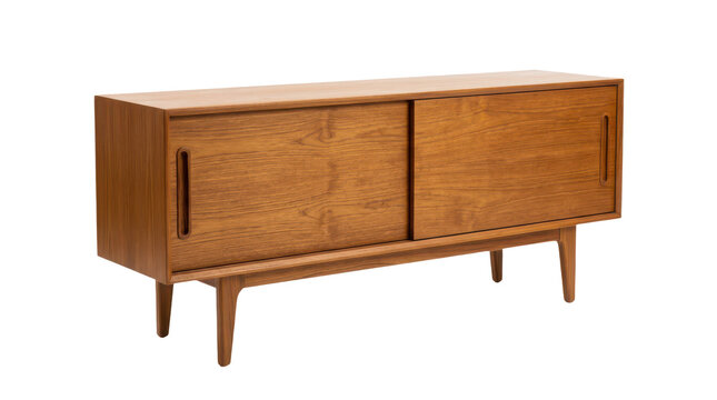 Midcentury modern teak sideboard with sliding doors isolated on transparent background