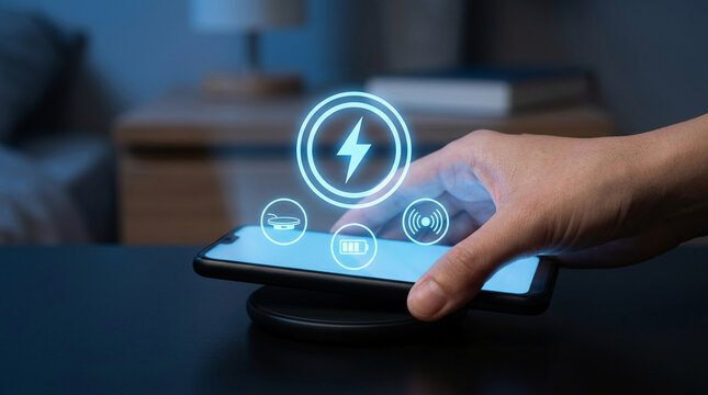 Hand placing a smartphone on a wireless induction charging pad at night with glowing blue holographic power icons, modern smart home technology concept