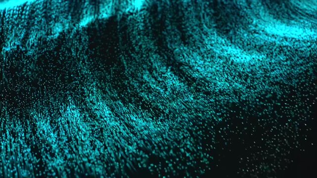 Teal particle field forming flowing waves, abstract micro dots moving like a digital landscape, dynamic motion pattern suggesting data, energy, and fluid transformation