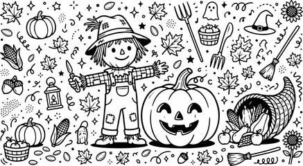 Obraz premium Scarecrow standing next to carved pumpkin.