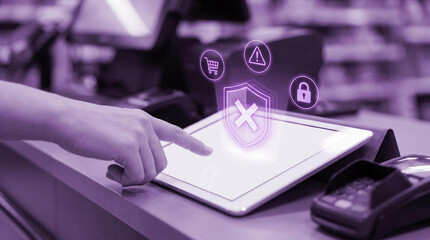 Fototapeta premium Retail Security Breach and Payment Failure Concept featuring Digital Tablet POS Display with Cybersecurity Shield Icons and User Interaction
