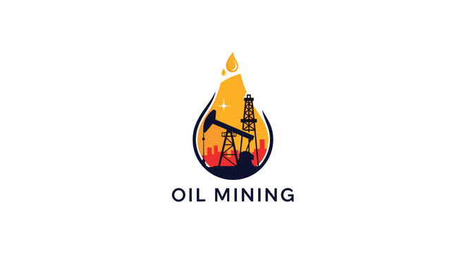 Creative oil mining industry logo depicting a drilling rig and pumpjack inside a large orange and black oil drop shape illustration.