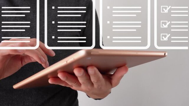 Close-up of a businesswoman interacting with her tablet, featuring an animation of various documents scrolling by.