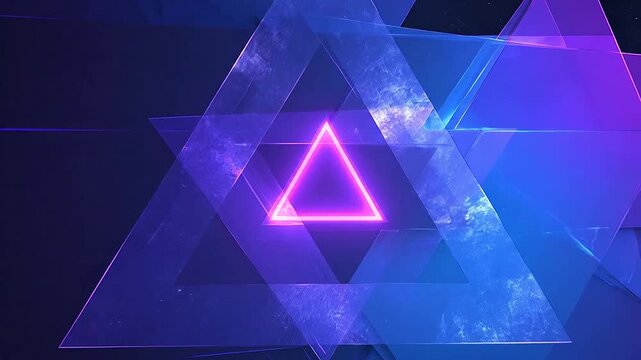 Abstract neon triangle glowing in a dark blue geometric space