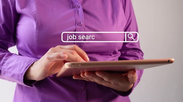Close-up of a businesswoman interacting with her tablet, featuring an animated web search bar with the word "job search".
