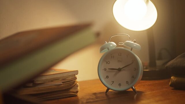 Blue Alarm Clock Showing 9 O'Clock on Wooden Table
