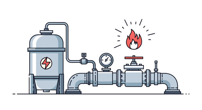 Industrial pipeline system featuring a pressurized tank, control valve, pressure gauge, and a fire icon indicating gas.