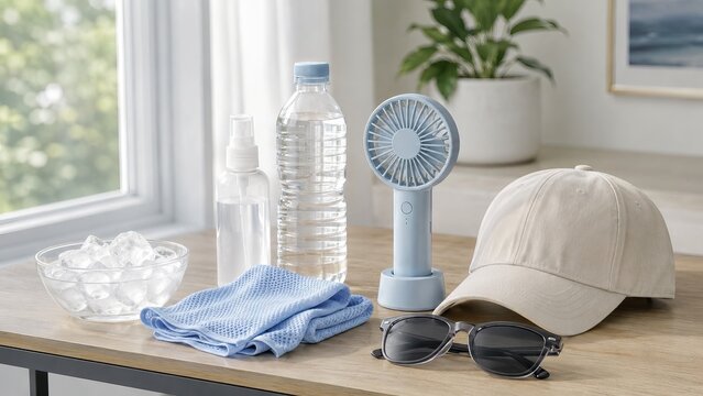 Portable handheld desk fan and summer heat relief accessories on table. Ice cube bowl, water bottle, cooling towel, baseball cap and sunglasses for staying cool during hot weather