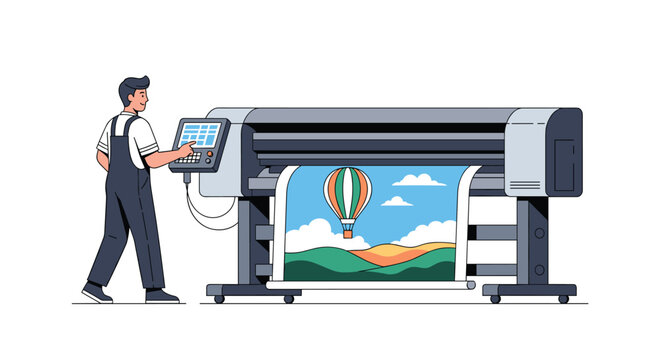 Large format digital printer operator working in a professional printing studio to produce high quality posters.
