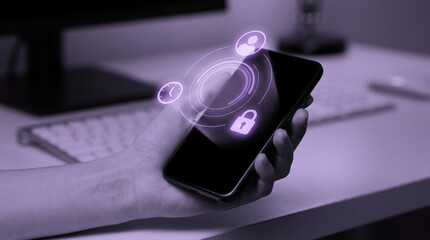 Fototapeta premium Person holding smartphone with glowing purple holographic icons for security and data protection on a modern office desk background.
