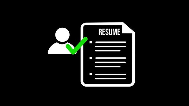 Animation of a simple icon showing a person next to a resume. A green checkmark indicates approval. Useful in professional, recruitment, or career contexts.