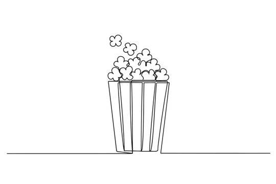 Continuous single line drawing of a popcorn bucket in a cinema with entertainment continuous illustration snacking container popcorns minimalist creative snacktime cinematic